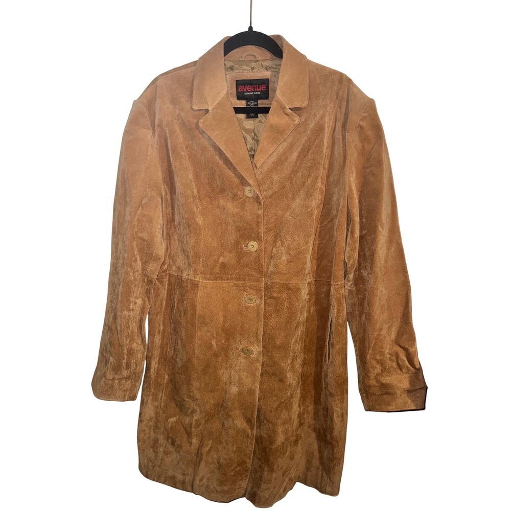 Vtg Genuine Suede Leather Jacket Tan Camel Mid Length Button Front XL